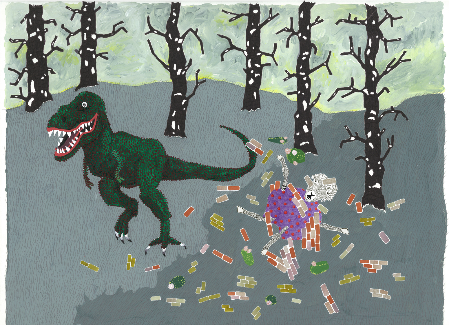 dinosaur knocks down wall unintentionally